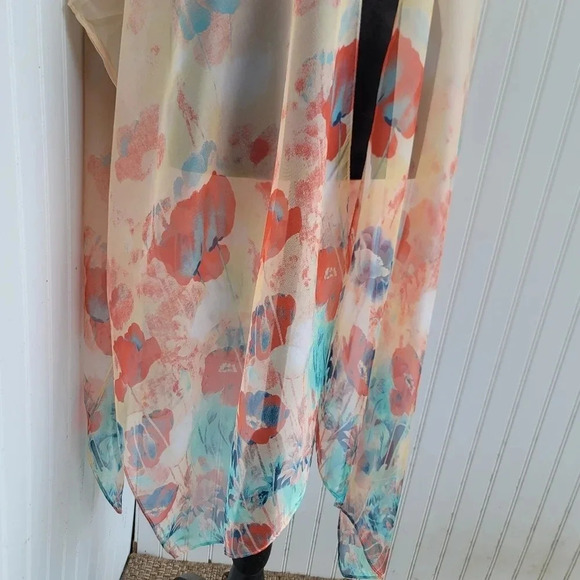 Vintage Lighweight Sheer Kimono Cardigan Poppy Floral Black Small Sheer Peach - Picture 8 of 11